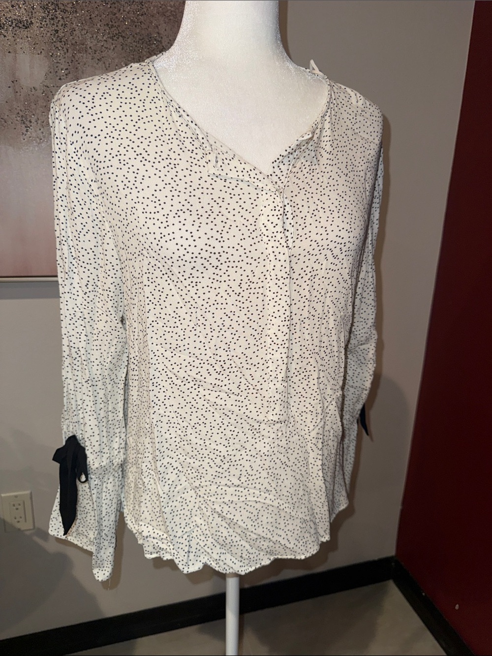 Zara Cream Blouse with Black Polka Dots and Tie Sleeves. Used size Large